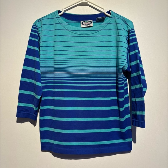 70s/80s IZOD Lacoste Kids Long Sleeve Shirt Blue Teal Striped Vintage Medium - Picture 2 of 11